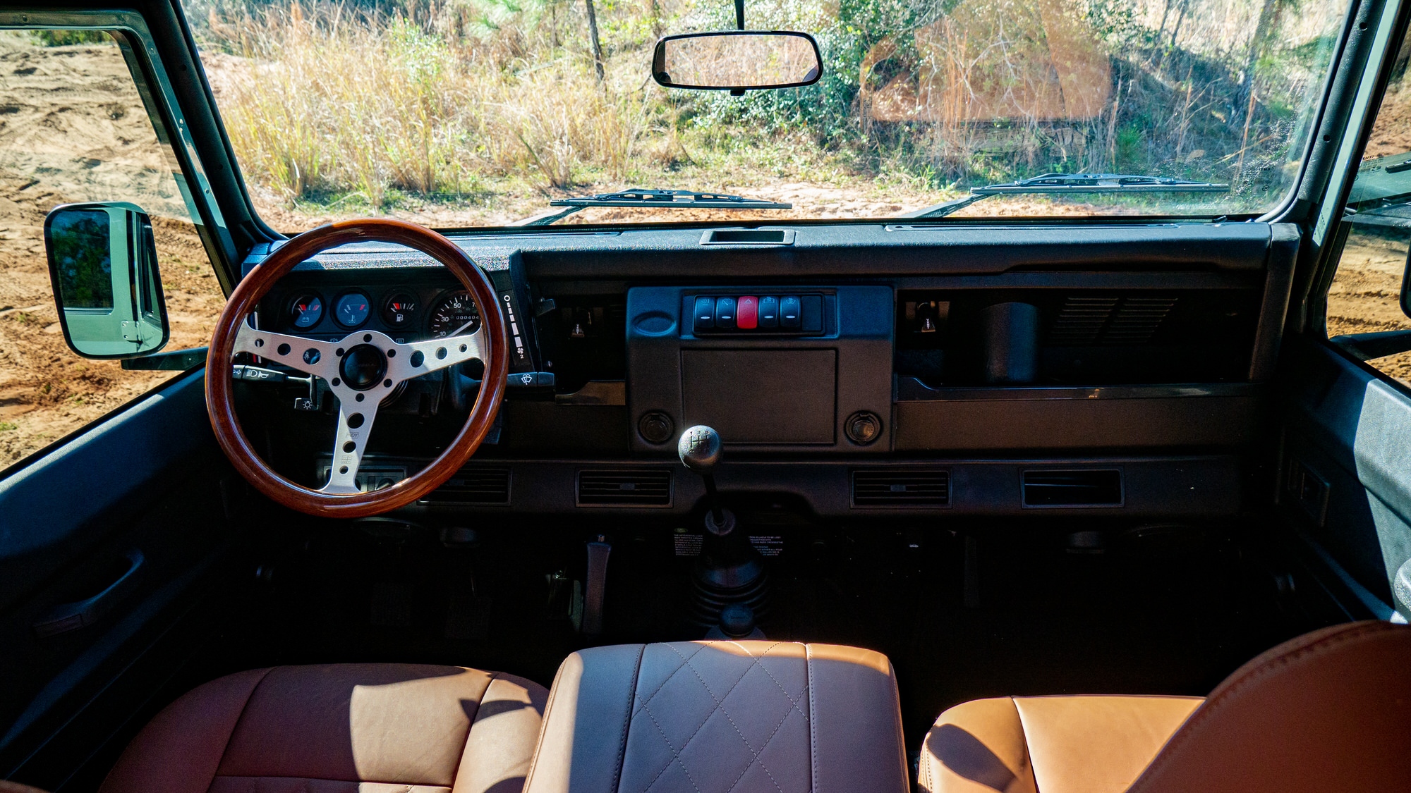 View of front cabin of a classic defender from Land Rover