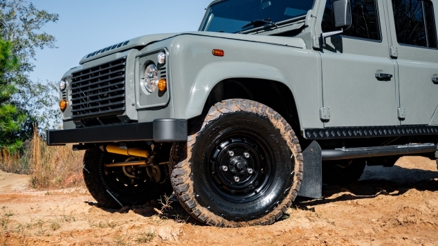 Tire close up of a land rover defender custom built