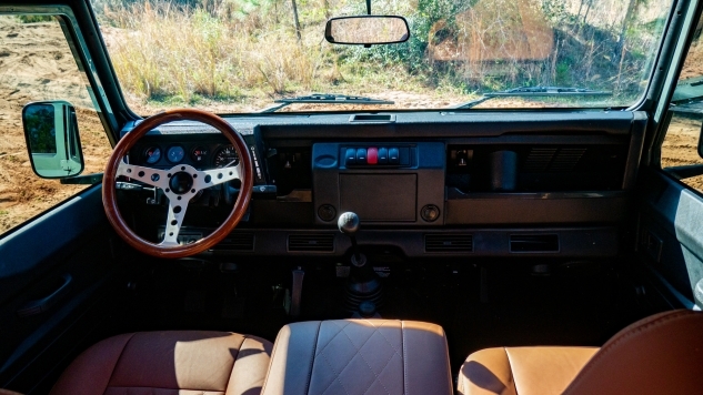 View of front cabin of a classic defender from Land Rover