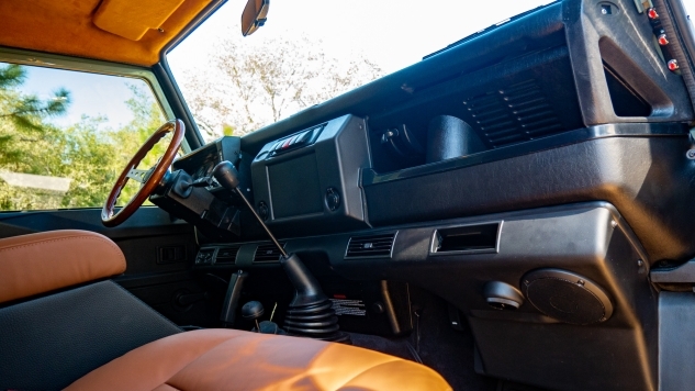 View of lower passenger area of a classic land rover defender