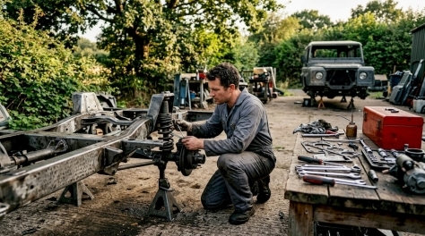 Mechanic working on custom Defender chassis in workshop