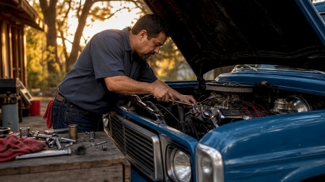 Mechanic upgrading classic truck engine in garage